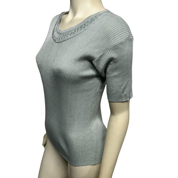 Vintage Handmade  Silky Light Blue Ribbed Short Sleeve Top Blouse - Picture 4 of 8